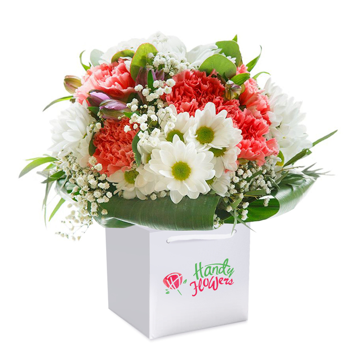 Inspired by the gently rolling avenues and verdant parks of Muswell Hill, this bouquet offers a masterful combination of colour, texture, and emotion, rendered in a pristine, square white gift bag. Soft coral and vibrant red carnations are the stars, their frilly petals rising in layers of subtle shade and delicate beauty. Interspersed among them are classic white daisies whose vivid lime-green centers lend a playful, sunlit contrast, reminiscent of morning walks through Highgate Wood. The arrangement is softened by tiny, weightless sprays of white baby's breath, adding a feeling of airiness and optimism to the piece. Closed purple-streaked buds peep out gently, promising new blooms and adding a sense of gentle anticipation. The base of the bouquet is enveloped by broad, glossy green leaves that ripple around the flowers, cradling them within a harmonious, circular silhouette. The robust gift bag, its white ribbon handles elegantly poised atop, makes local delivery easy, whether for a birthday in Colney Hatch or a celebration near Queen's Wood. The bouquet is captured in flawless lighting against a white background, accentuating the vibrancy and artistry unique to the Muswell Hill floral tradition, making this arrangement an ideal gift for any cherished occasion.