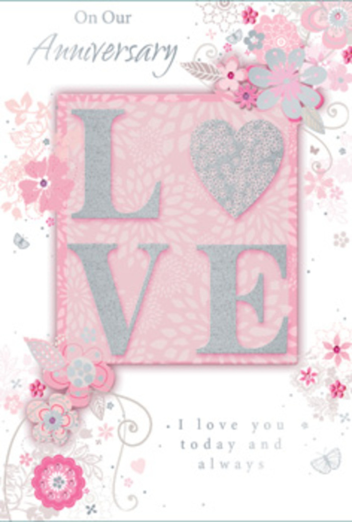 The image shows a refined anniversary card whose design captures the same thoughtful elegance that many Muswell Hill residents appreciate in their flowers and interiors. Dominating the centre is the word "LOVE," printed in bold capitals that rise from the card's surface in gentle relief. These letters are edged and dusted with fine, shimmering glitter, creating a frosted silver effect that glows softly rather than glaring. They rest on a rectangular panel of blush pink, which softly diffuses into the surrounding light pink background, giving the impression of a warm spotlight centred on the message of love. From around this central panel, a light, airy pattern of stylised flowers, petals, and tendrils unfurls. The floral forms are drawn with meticulous lines in pearly whites, soft greys, and hints of pastel pink, with delicate accents of silver that glint quietly, akin to the sheen on a satin ribbon. Each curve and swirl feels intentional, like the measured arc of stems and leaves in a hand-crafted bouquet prepared for an anniversary celebration in a Muswell Hill townhouse. The composition has an almost weightless quality, reminiscent of petals drifting down in Alexandra Palace's parkland on a still day. Inside, an elegant script message conveys enduring affection-phrases about loving someone today, tomorrow, and always-inviting the recipient to pause and reflect on shared years together. The combination of tactile glitter, smooth cardstock, and airy floral linework creates an intimate, layered experience. It is easy to imagine this card propped on a mantel beside a fresh pastel arrangement from Florist Muswell Hill, quietly commemorating a relationship that has grown with time.