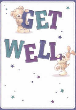 This delightful get well card, echoing the supportive spirit of Muswell Hill, brings a sense of ease and gentle encouragement through its artful details. At the centre, a smiling teddy bear perches atop the bold 'GET,' with a playful puppy nestled below, together forming a tableau that exudes both affection and hope. Their round, comforting silhouettes and expressive faces radiate a childlike warmth, drawing the viewer into a world where wishes really do make a difference. The bold, hand-lettered words-painted in deep, soothing teals and purples-pop against the clean, open background, much like a hand-crafted bouquet lighting up a window near Muswell Hill Broadway. Scattered stars in hues of blue and violet add a twinkle of possibility, mirroring the magic of local florists' arrangements. Every part of this illustration feels intentionally composed, echoing the care of a flower arrangement designed for delivery across Muswell Hill-each detail meant to brighten and encourage. This card, in its charming simplicity, acts as a comforting companion, its gentle tones and inviting imagery providing a soothing balm for anyone in the midst of recovery or needing a lift.