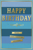 This birthday card captures a gentle, composed spirit, like a peaceful stroll through Muswell Hill on a bright but calm day. The front is dominated by broad, horizontal stripes that shift gradually through a spectrum of blues. At the bottom, a deep navy bar sets a confident base, above which come bands of denim and cool ocean blue, then lighter teal and finally a soft, airy sky blue at the top. The clean lines of each stripe create structure, while the matte finish gives the colours a velvety, understated richness. Placed prominently in the upper centre, the words "Happy Birthday" appear in large, embossed gold letters. The capital lettering is clear and modern but softened by its warm metallic tone, which gleams gently under the light, like the glow from café windows along Muswell Hill Broadway in the early evening. Beneath this primary greeting sits a fine golden flourish, a decorative swirl that adds a graceful, almost handwritten charm. Lower down, three narrow gold banners stretch across the card, echoing the horizontal bands of blue. On these banners, the sentiment "Relax, have a great day and enjoy!" is separated into friendly, easy-to-read fragments, underlining the card's wish for a slow, pleasant birthday. A slim gold border encases the entire design, giving it the finished look of a framed print. The overall impression is one of calm celebration-simple, stylish, and sincere-perfect to accompany a hand-delivered bouquet from a local Muswell Hill florist, ready to be placed together on a mantelpiece or dining table for a thoughtful birthday display.